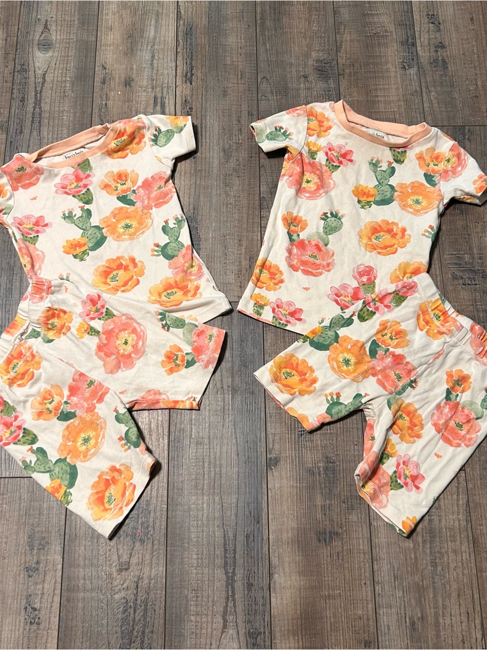 Twin Girls Burt's Bees Kids Pajama Sets Cacti Print Size 3T Shorts T-Shirt